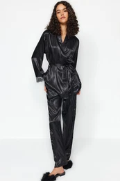 Black Premium Satin Lace and Tie Detail Woven Pajamas Set