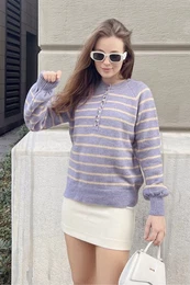 Women's Buttoned Collar Turtleneck Striped Knitwear Sweater