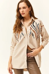 Women's Stone Stamp Sequined Wool Effect Oversize Winter Shirt