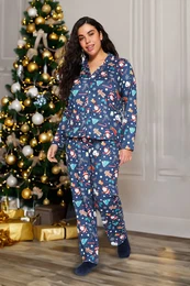 Curve Navy Blue Shirt Collar New Year Themed Knitted Pajamas Set