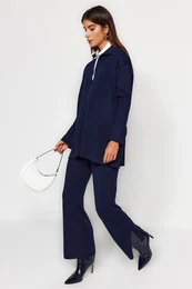 Navy Blue Slit Detailed Cardigan-Pants Knitwear Suit
