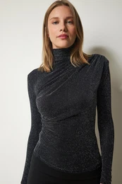 Happiness stanbul Women's Black Gathered High Neck Sparkly Knitted Blouse