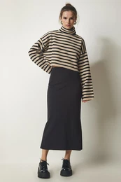 Happiness stanbul Women's Black Slit Elastic Knitted Modal Skirt