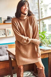 enska kamela, elvji vrat mehka teksturirana pletenina Tunic obleka