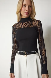 Happiness stanbul Women's Black Tulle Detailed Ribbed Knitted Blouse