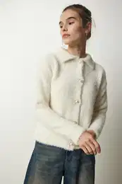 Srea Istanbul enska krema Elegantna bradata pletenina z gumbi Cardigan