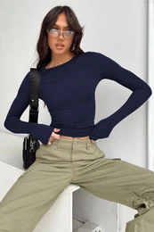 Navy Blue Crew Neck Basic Long Sleeve Body
