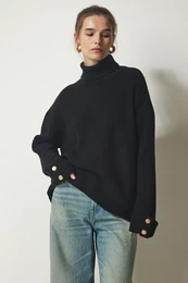 Srea stanbul enski rni gumb Podroben pulover za pletenine Turtleneck prevelike velikosti