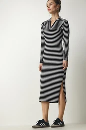 Happiness stanbul Women's Black Polo Neck Striped Camisole Dress