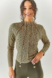 Women's Leopard Green Patchwork High-Neck Lycra Crop Top
