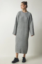 Happiness stanbul Women's Gray Knit Detailed Thick Oversize Knitwear Dress