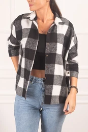 Women's Black and White Square Patterned Loose Shirt