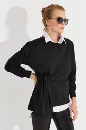 Women's Black Tied Sweatshirt Yi2493