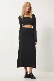Happiness stanbul Women's Black Ribbed Knitwear Skirt