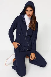 Navy Blue Oversize Zippered Hooded Cardigan Knitted Tracksuit