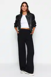 Black Premium Soft Fabric Pocket Wideleg/Casual Fit Knitted Sweatpants