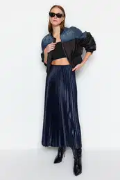 Navy Blue Pleated Maxi Stretchy Knitted Skirt