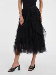 Black women's midi skirt with ruffles - Women's