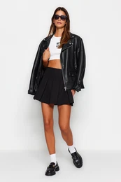 Black Premium High Quality Pleated Mini Length Woven Skirt