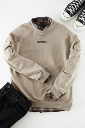 Mink Oversize/Wide Cut Brooklyn City Text Embroidered Thick Cotton Sweatshirt