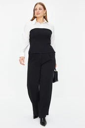 Curve Multicolored Black-White Shirt Collar Long Sleeve Woven Stylish Blouse