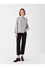 Women's Crew Neck Plaid Long Sleeve Blouse