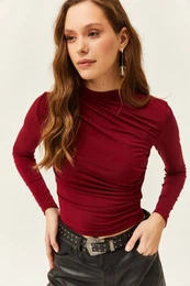Women's Burgundy High Neck Gathered Detailed Lycra Blouse