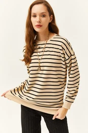 Women's Stone Black Basic Soft Textured Loose Sweatshirt