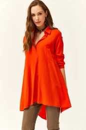 Women's Orange Shirt Collar Asymmetrical Tunic