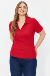 Curve Red Ribbed Knitted Blouse