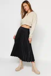 Black Pleat Detailed Satin Fabric Midi Length Woven Skirt