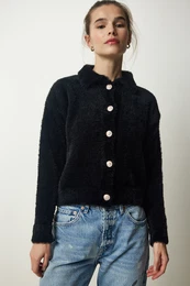 Happiness stanbul Dmsk ern stylov knoflky vousat pleten obleen svetr