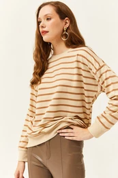 Women's Stone Camel Basic Soft Textured Loose Sweatshirt