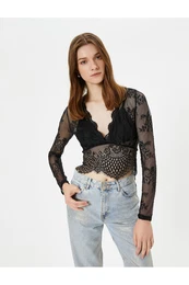 Lace Blouse Sheer Crop V Neck