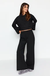 Black Hooded Wide Pattern Knitted Pajama Set
