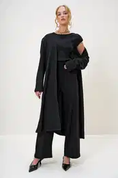 Trend alaat stili enska rna ramena oblazinjena bluza za vrat posadke s hlaami in kardigansko obleko