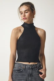 Happiness stanbul Women's Metallic Black Barter Neck Ribbed Shiny Knitwear Blouse