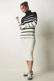 Srea stanbul enska rna Ecru Turtleneck rtasta rebrasta pletenina obleka