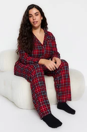 Curve Red Plaid Shirt Collar Soft Toe Knitted Pajama Set