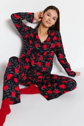 Black Heart Viscose Shirt-Pants Woven Pajamas Set