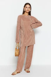 Light Brown Self-Pleated Woven Top-Bottom Set