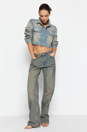 Blue Faded Effect Vintage Low Waist Wide Leg Jeans