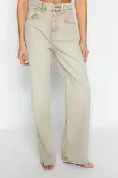 Beige Faded Effect Vintage Normal Waist Wide Leg Jeans