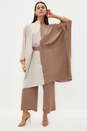 Mink Color Block Waist Belted Tunic-Pants Woven Suit