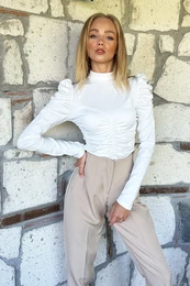 Trend Alaat Stili Women's White High Neck Princess Sleeve Front Gathered Detail Crep Knitted Blouse