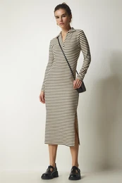 Happiness stanbul Women's Beige Polo Neck Striped Camisole Dress