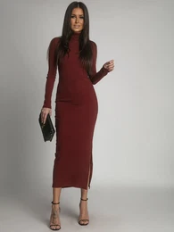Burgundska turtleneck maxi obleka s stransko režo