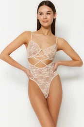 Ecru Ruched Window/Cut Out Detailed Rope Strap Snap Knitted Body