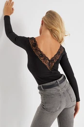 Women's Black Lace Detailed V-Neck Blouse
