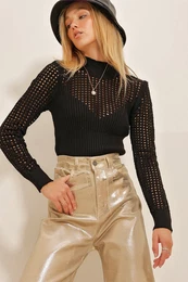 Trend Alaat Stili Women's Black Half Turtleneck Hole Openwork Long Sleeve Knitwear Blouse